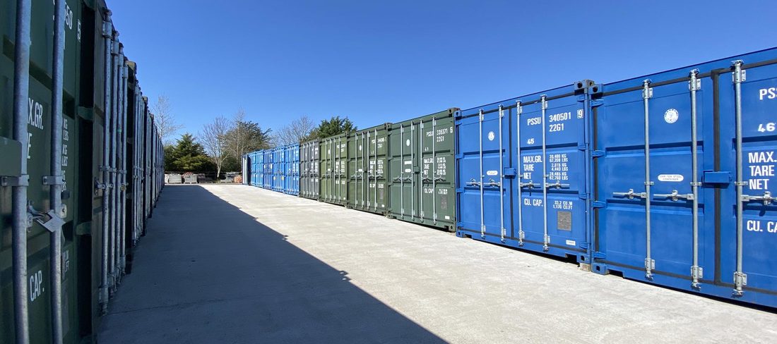 Rows of secure steel storage containers at Bell Storage, St Boswells